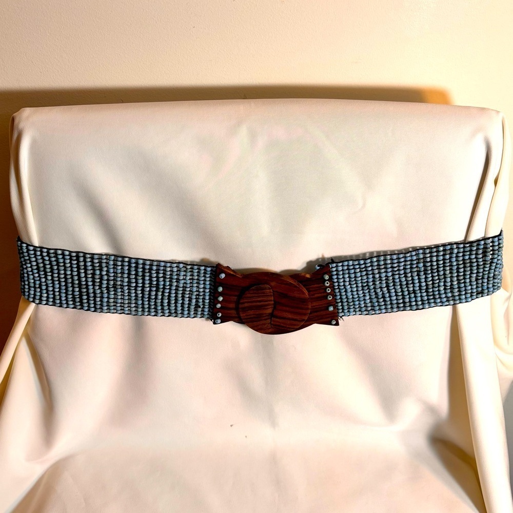 Blue Beaded Woven Elasticized Belt with Wooden Buckle